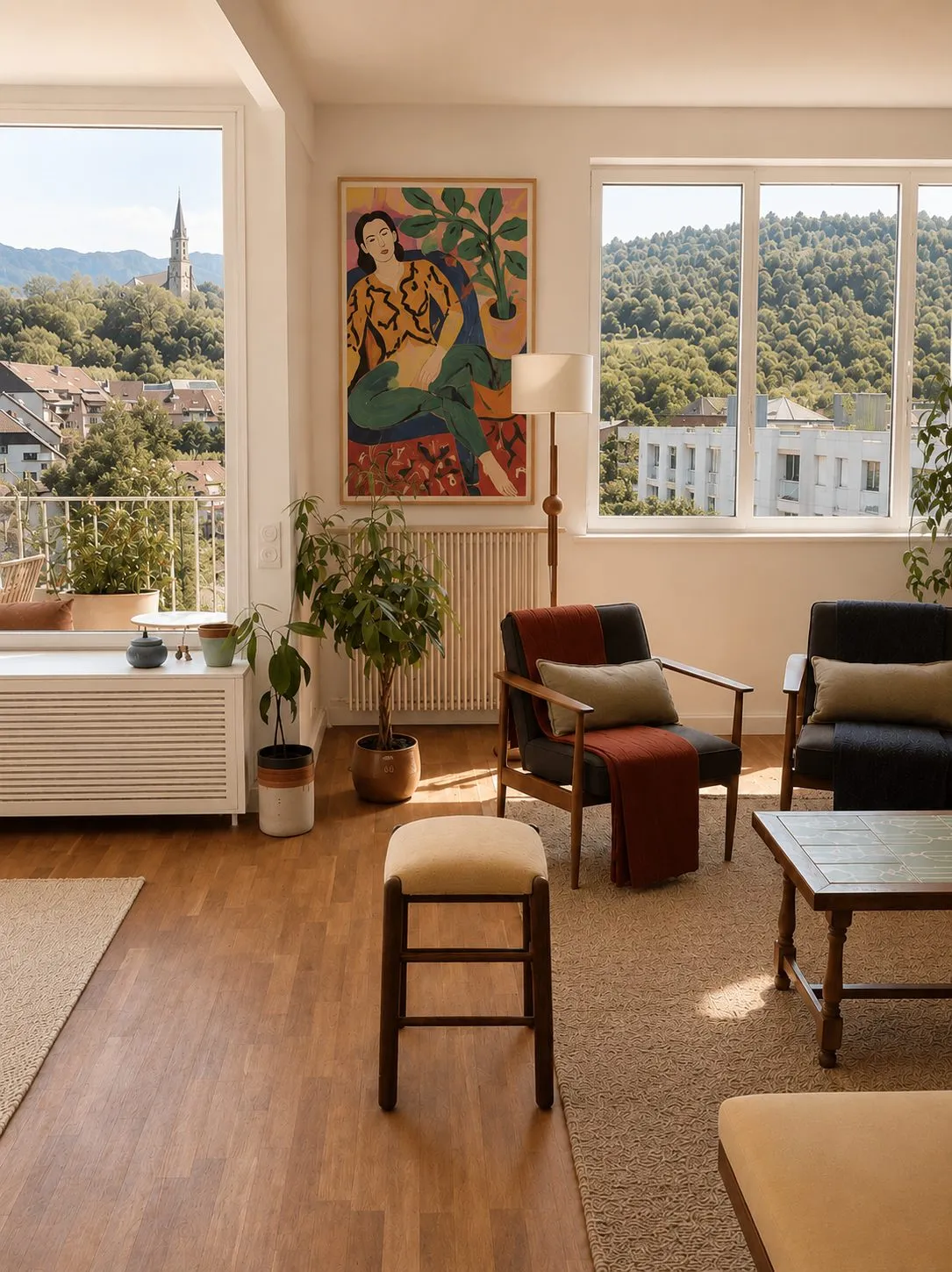 Séjour clair, fauteuils vintage et tableau coloré, fenêtres ouvertes sur les montagnes
