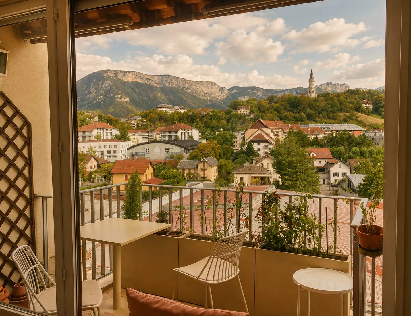 Balcon meublé ouvert sur les toits d'Annecy et les montagnes