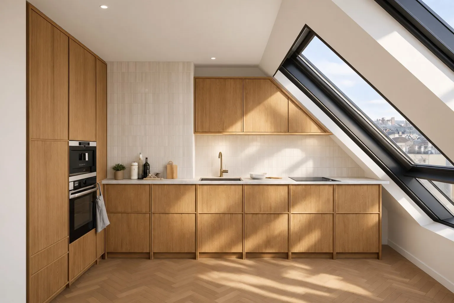 Image 3D de la cuisine en bois clair installée sous les rampants