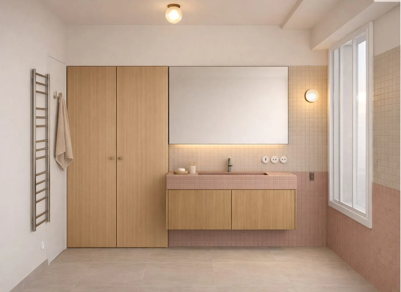 Image 3D de la seconde salle de bains, meuble en bois clair et grand miroir
