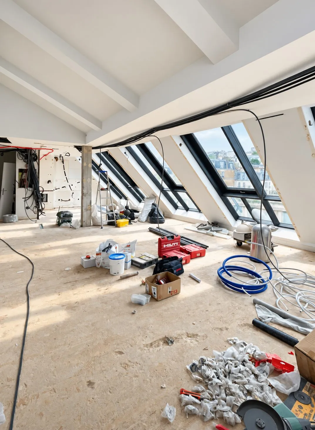 Chantier en cours sous les combles, fenêtres de toit en enfilade
