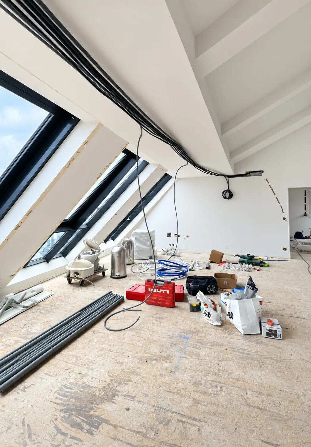 Chantier du séjour sous rampants, réseaux électriques encore apparents