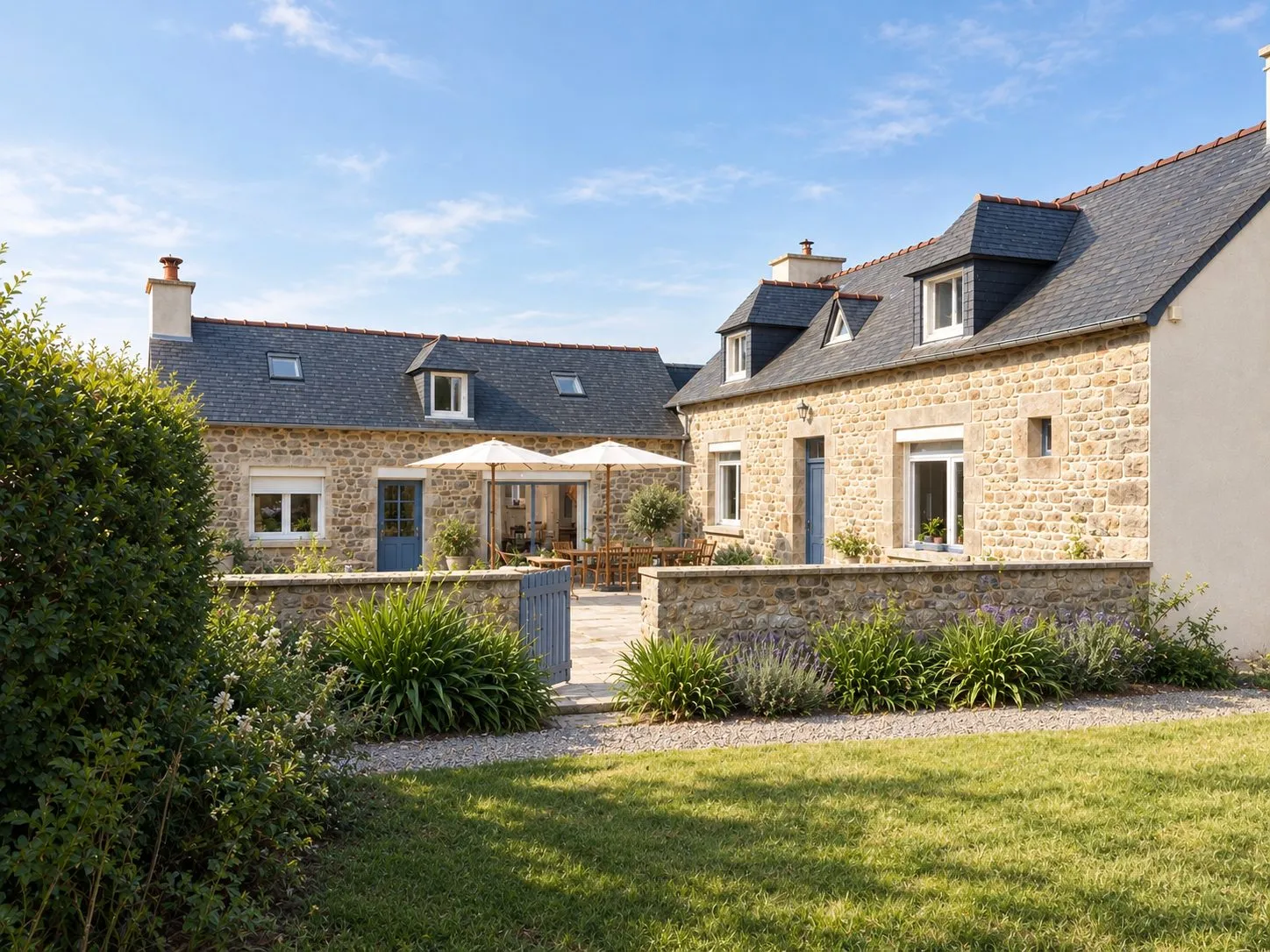 Les deux corps de la maison en pierre vus depuis le jardin