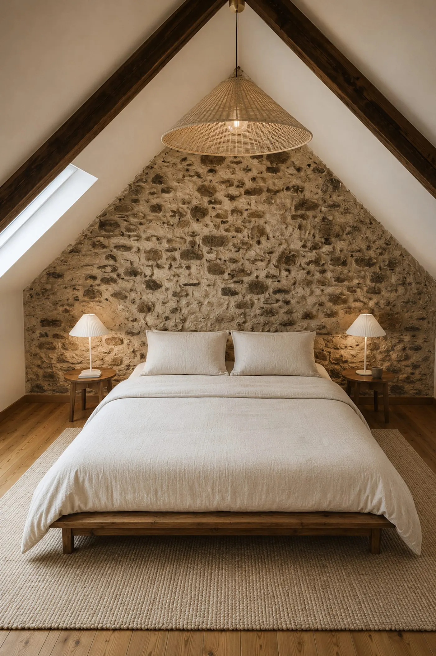 Chambre sous charpente, mur en pierre apparente et lit face à la fenêtre de toit